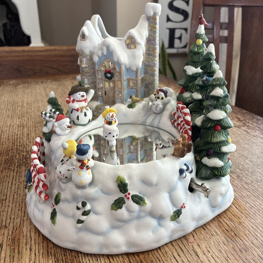 PartyLite Snowbell Candle Holder Ice Skating Snowman Christmas Music Box
